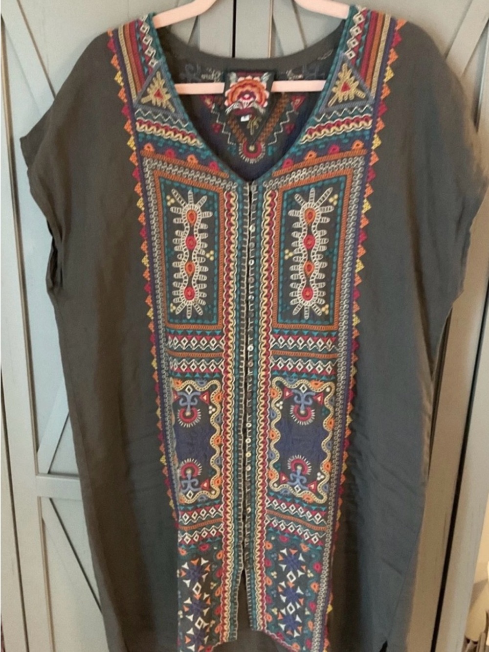 Johnny Was Olive Dress with Multicolor Embroidery